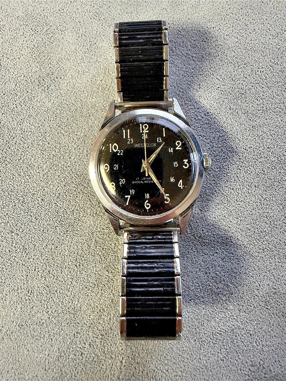 Vintage Westclox 17 Jewels Shock Resistant Wristwatch Black Dial Base Metal Case